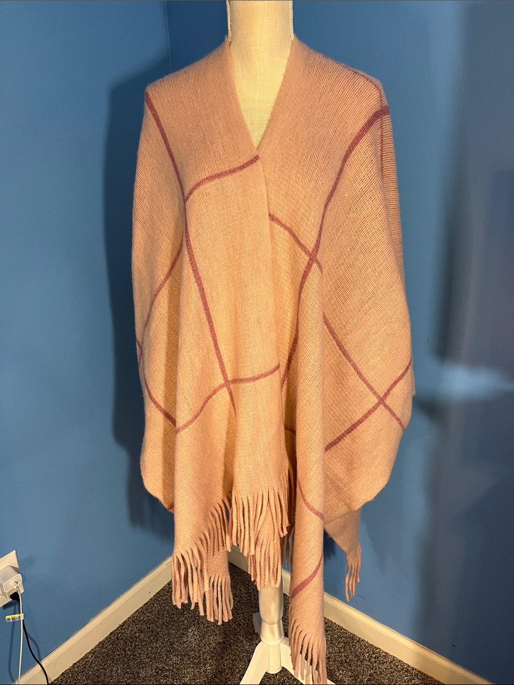 Vince Camuto Pink Plaid Fringe Poncho